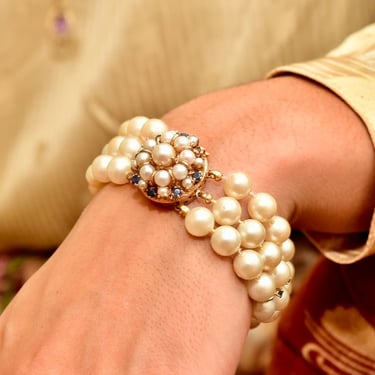 Three-Strand Knotted Pearl Sapphire Bracelet In 14K Gold, Yellow Gold Pearl Cluster Box Clasp, 7 1/2