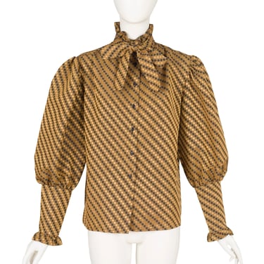 Jacques Fath 1980s Vintage Checkered Silk Jacquard Bishop Sleeve Blouse Sz XL 