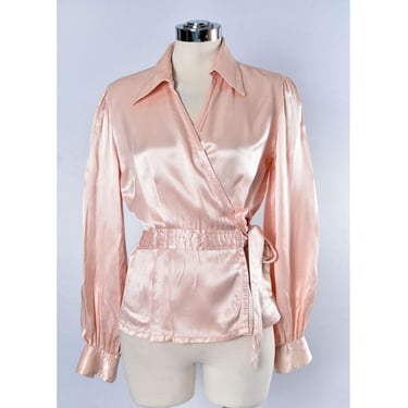 1970's Pink Satin POET SLEEVE Blouse Art Deco Wrap, Ossie Clark style, Vintage Top Shirt Glamorous Old Hollywood 