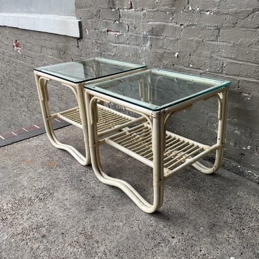 Pair of MCM Rattan & Glass Side Tables