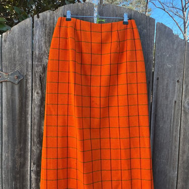 VTG 90s Orange Checkered Wool Fringe Midi Skirt 