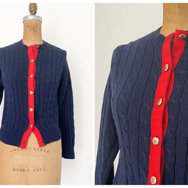 Vintage ‘80s Deans of Scotland cardigan | navy blue cable knit | red grosgrain ribbon placket & gold crest buttons, preppy 