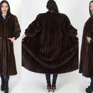Mahogany Mink Fur Long Coat / Vintage 80s Dark Brown Full Length Jacket / Striped Shawl Collar Stroller Jacket 