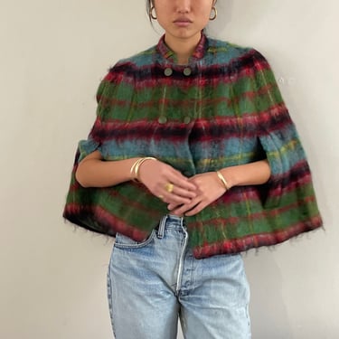 60s mohair cape / vintage plaid tartan brushed mohair cropped double breasted cape coat | M 
