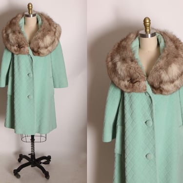 Early 1960s Mint Blue Textured Gray and White Fox Fur Winter Swing Coat by Lilli Ann -M-L 