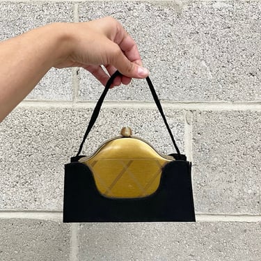 Vintage Volupte Compact Purse Retro 1950s Clutch + Carryall + Glam + Evening Bag + Black + Gold + Mid Century Modern + Womens Accessory 