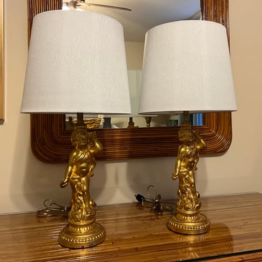 Pretty petite vintage gold leaf cherub lamps with new shades 