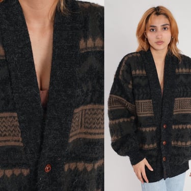 90s Cardigan Sweater Geometric Wool Sweater Dark Charcoal Grey Striped V Neck Button Up 1990s Slouchy Vintage 80s Men's Extra Large xl 