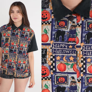 90s Halloween Shirt Pumpkin Button up Shirt Trick Or Treat Happy Halloween Blouse Vintage 1990s Black Cat Witch Medium 
