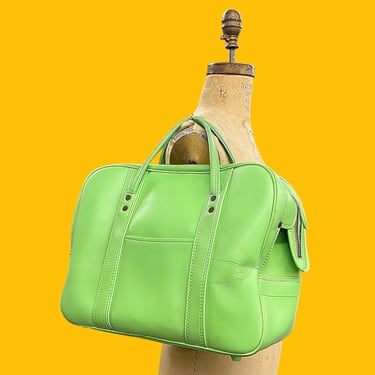 Vintage Carry On Bag Retro 1970s Mid Century Modern + Lime Green Vinyl + Silver Metal + With Key + Top Handles + Luggage + Travel Overnight 