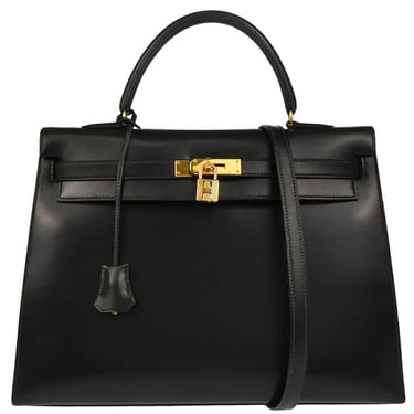Hermes 1993 Black Box Calf Kelly 35 Sellier 2way Shoulder Handbag