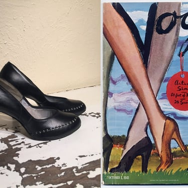Stylish Gate Arrivals - Vintage 1940s Black Leather Pumps Heels Shoes w/White Stitch Work - 9 