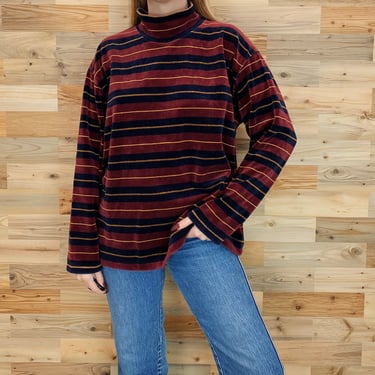 90's Cozy Plush Velour Striped Mock Neck Pullover Sweater Top 