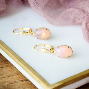 pink opal earrings, moonstone earrings, bridal bridesmaid wedding jewelry, Regency Art Deco dangle drop earrings, gift for her 