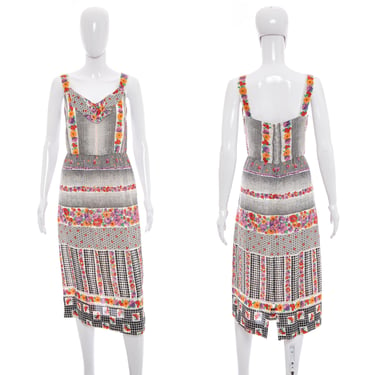 1970's White and Multicolor Floral and Dot Print Sun Dress Size L