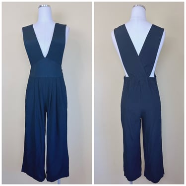 1980s Vintage Bonnie Max Black Rayon Suspender Pants / 80s Overalls / Jumpsuit / Pinafore / small-medium 