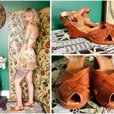 1950s Sandals // Milla Tooled Leather Wedges // vintage 50s Sandals 