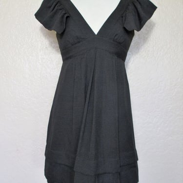 Vintage Jill Stuart Dress, Size 2 Women, black gray check, ruffle sleeves, deep v neck 