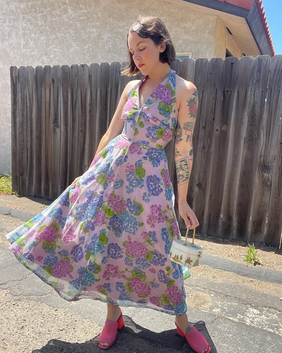 70s handmade purple floral party dress, halter with metal zipper 