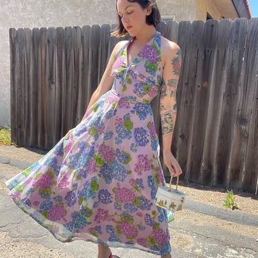 70s handmade purple floral party dress, halter with metal zipper 