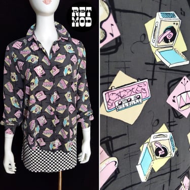 Music Novelty Print Vintage 90s Gray Long Sleeve Silk Button Down Blouse 