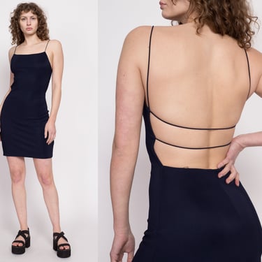 90s Navy Blue Strappy Low Back Mini Dress - Medium | Vintage Spaghetti Strap Backless Fitted Party Dress 