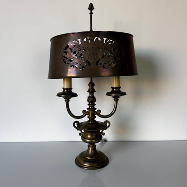 20th Century French Bouillotte Brass Table Lamp with Pierced Metal Shade 