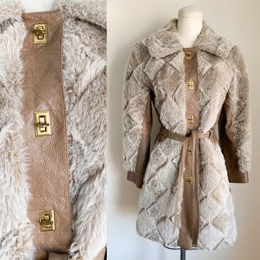 Vintage 1960s Faux Leather & Fur Winter Coat / S 