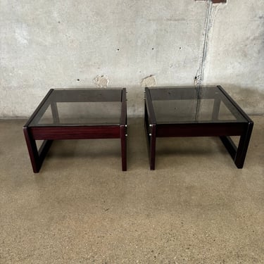 Pair Of Vintage Mid Century Modern Rosewood Smoked glass End Tables