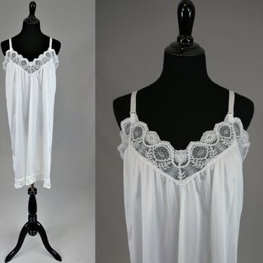 70s 80s White Dress Slip or Nightie -  Lace Trim - Full Nylon Slip or Nightgown - Maybe Maternity - Vintage 1970s 1980s - 38 