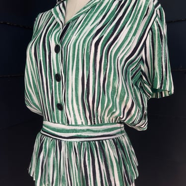 Elegant 1940s Green Striped Day Dress Peplum 