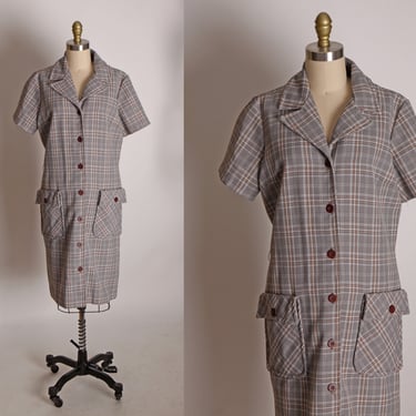 1970s Brown, Tan and White Plaid Short Sleeve Button Up Dress by Country Miss -M 