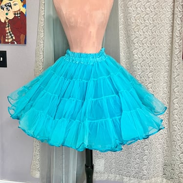 Vintage Teal Blue Petticoat, Tiers, Tulle Netting, Chiffon, Ruffles, Swing, Square Dance, Rockabilly Pin Up, Slip Lingerie 