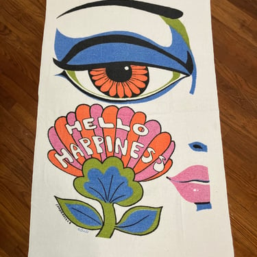 Late 60s / Early 70s Novelty hello happiness terry cloth beach towel 