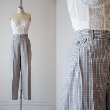 high waisted pants | 80s 90s plus size vintage Lee Casuals beige blue navy plaid checkered pleated dark academia cotton trousers 