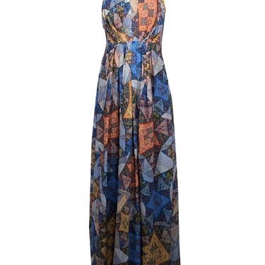 Ranna Gill - Blue & Orange Mosaic Print Maxi Dress w/ Embroidered Stud Trim Sz XS