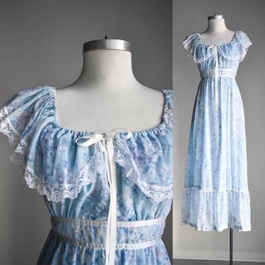 1970s Blue Floral Prairie Dress 