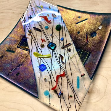 8” Square Abstract Vintage 1980s Kurt McVay Handmade Fused Confetti Art Glass Plate, Signed ~ Contemporary table art~ Iridescent/bold/modern 