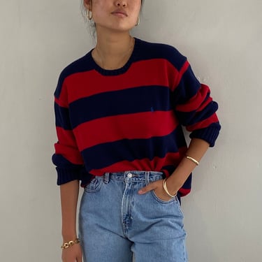 80s Ralph Lauren striped cotton sweater / vintage blue red wide awning stripe cotton Polo crewneck oversized boyfriend sweater | X-Large 