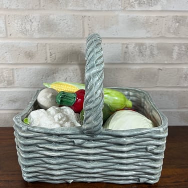 Italian Ceramic Basket with Delightful Hand-Painted Vegetables - 10-Piece Set 