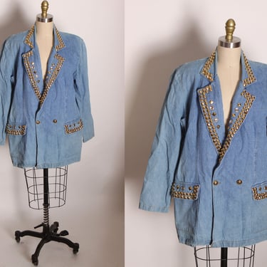 1980s Light Blue Denim Long Sleeve Brass Bronze Gold Bedazzled Button Up Jacket by Marilyn of California -L 