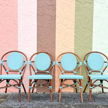 Set of Four Turquoise Rattan Bistro Chairs