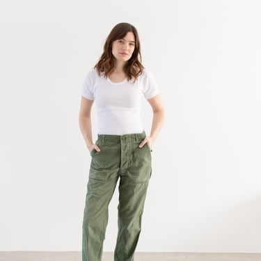 Vintage 28 Waist Olive Green Army Pants | Unisex Utility Fatigues Military Trouser | Button Fly | F485 
