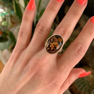 Double Bat Reverse Carved Amber Sterling Ring