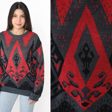1980s Bold Geometric Sweater Red Black Statement Knit Oversized Pullover Vintage Crewneck Long Sleeve Warm Winter Jumper Unisex Medium 