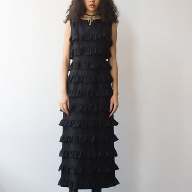 1960s Black Wool Ruffled Maxi Dress 