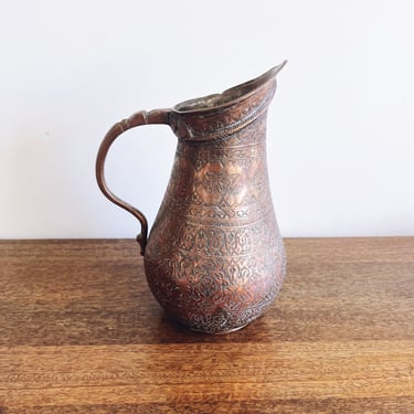 Antique Engraved Middle Eastern Copper Plated Tin Pitcher 