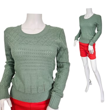 1970's Mint Green Open Weave Acrylic Pullover Sweater I Sz Med I Garland 