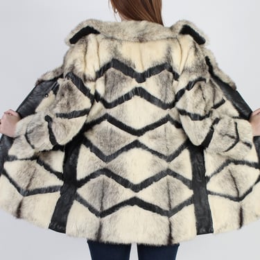 Womens 70s Cross Mink Trench Coat / 1970s Black Leather Spy Jacket / Platinum Blonde Mink Fur Collar Coat 