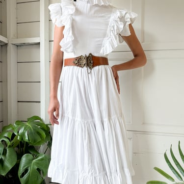 80s Cotton Ruffle Dress | S-M